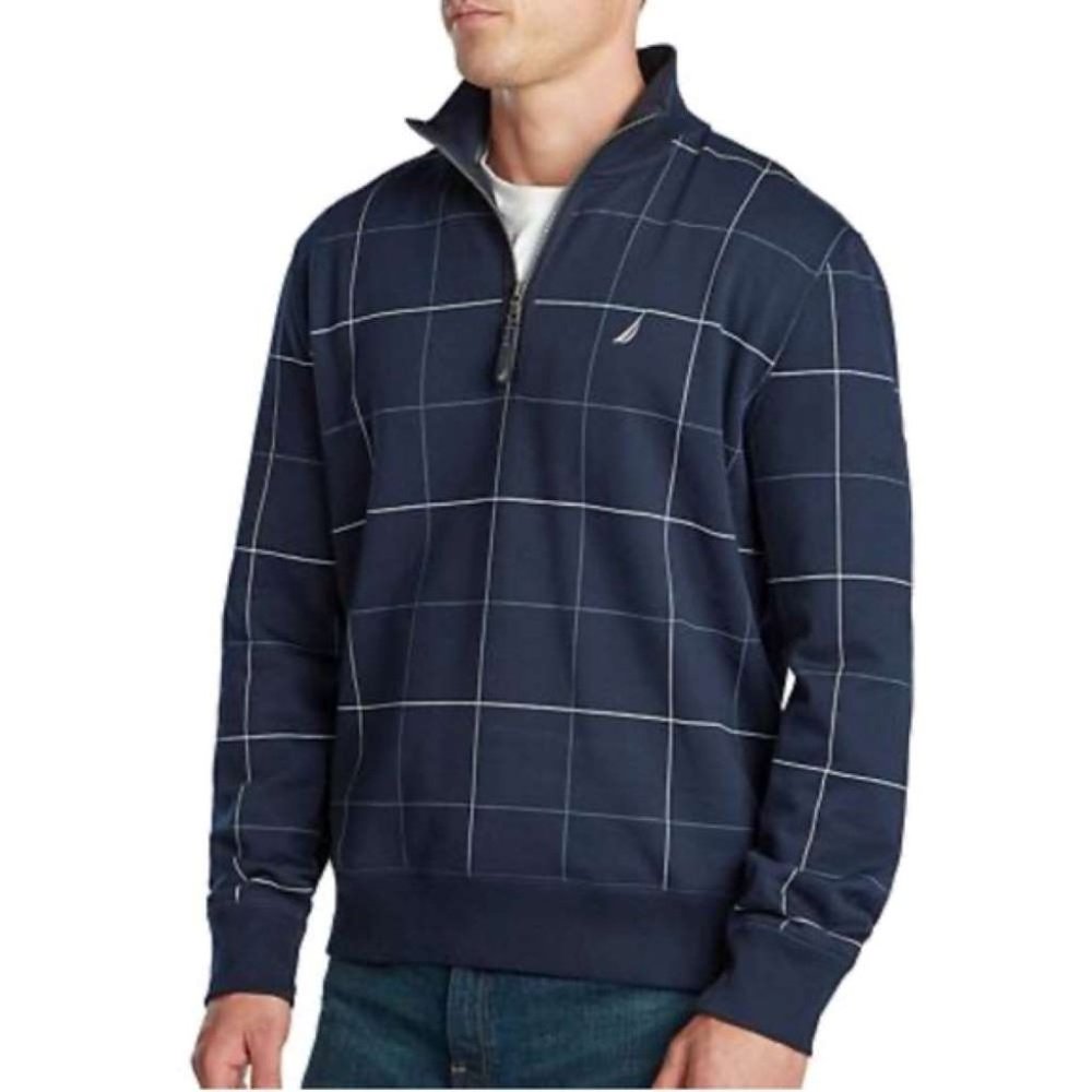 Nautica Navy Plaid Quarter Zip Sweater L